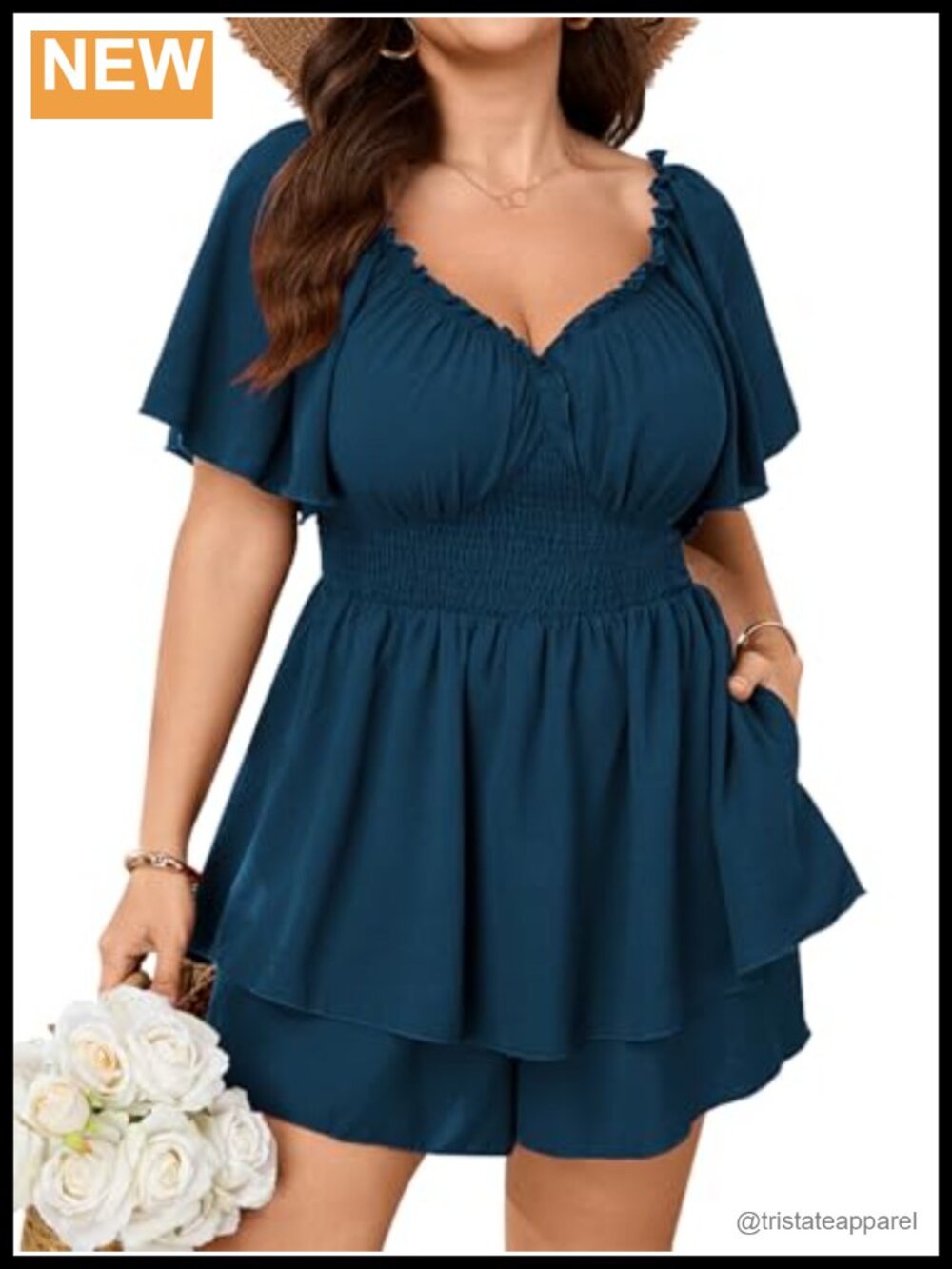 Plus Size Romper Ruffle V Neck Smocked Waist Short Sleeve Casual Jumpsuit